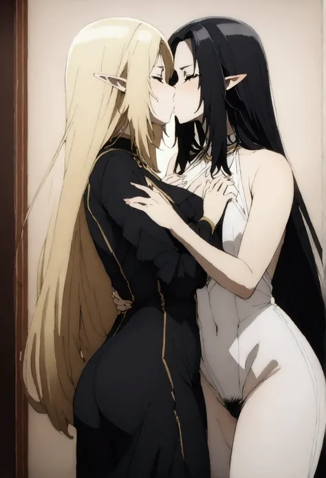 Two Women,Alpha ,Long blonde,gamma,Long Black Hair,((Touching the chest)), ((dress))),Big Breasts,BIG ASS, kiss, (adult), (Elf),pubic hair
 ((My crotch is wet)),Love Hotel,My crotch is wet,Are standing,(masterpiece:1.2), High resolution, Highest quality, 8...