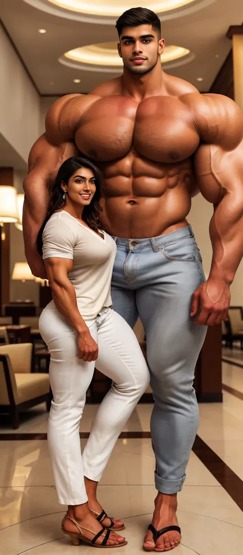 Tanned skin handsome faced indian muscular male with a mature woman, very tall, 2.30 meters tall, 20 year old overweight  bodybuilder, school freshman in loose linen pants and loosev neck henley shirt, cute innocent sweet young funny face, great height dif...