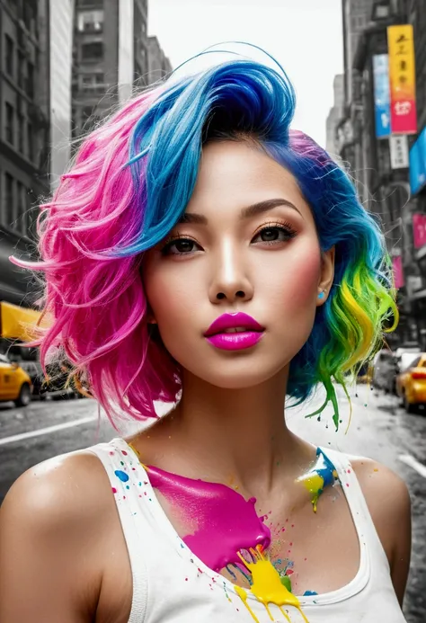 (masterpiece, Highest quality, High resolution), Shanghai city background, ((Paint splashes, Color Splash, Ink splash, Color Splash)), Sweet New York girl, Rainbow Hair, Pink Lips, front,Downtown New York、Digital Cities、Near future upper body