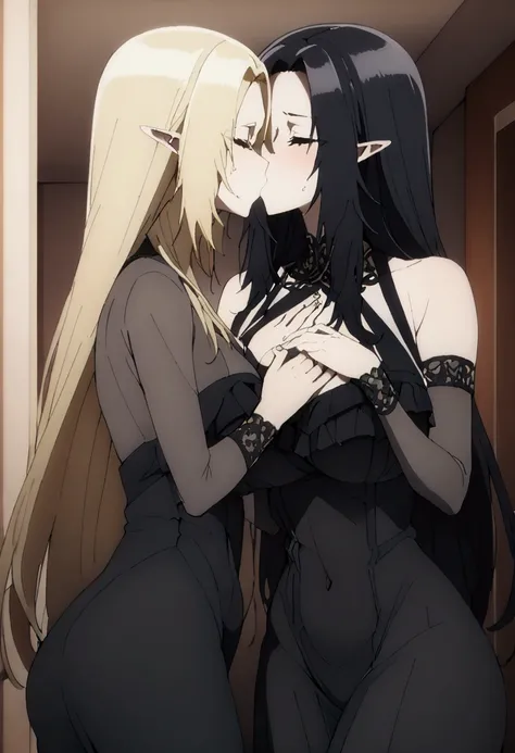 Two Women,Alpha ,Long blonde,gamma,Long Black Hair,((Touching the chest)), ((dress))),Big Breasts,BIG ASS, kiss, (adult), (Elf),pubic hair
 ((My crotch is wet)),Love Hotel,My crotch is wet,Are standing,(masterpiece:1.2), High resolution, Highest quality, 8...