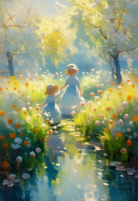 masterpiece, Highest quality,Two Children,Hold hands and run, delicate, Very difficult, detailed,  ((masterpiece)), extremely detailed, Highest quality, High resolution, ((in the garden)), 