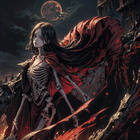 best quality, 4K, high resolution, masterpiece:1.2, Very detailed, actual:1.37, Mood lighting, An undead girl in a long cape, Torso and limb is skeleton bone but head is still beautiful human face, Wearing a ragged gothic skirt, Aloofness emotion, Dangerou...