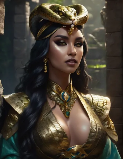 elegant snake priestess, serpentine features, mesmerizing golden eyes with slit pupils, delicate yet stern facial features, hidden venomous fangs, ebony serpent scales visible on her arms, hips, abdomen, regal yet practical robed attire, feline grace with ...