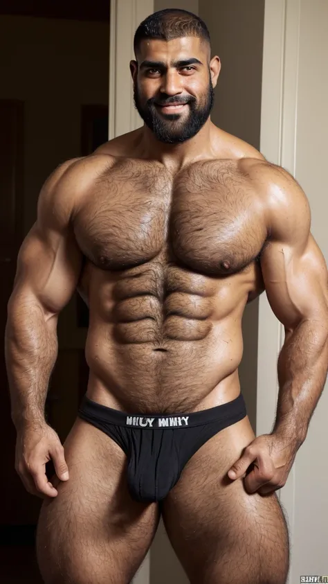 Extremely muscular, very hairy, rugged Arab daddy flexing his arms ((Sweaty)) ((Hairy)) ((Thick, full, curly black body hair all over)) ((Thick, excessive chest hair)) ((Curly, full pubic hair)) ((Thick, full happy trail of hair all over his abs)) ((Late 4...