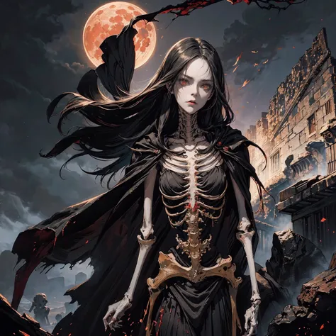 best quality, 4K, high resolution, masterpiece:1.2, Very detailed, actual:1.37, Mood lighting, An undead girl in a long cape, Torso and limb is skeleton bone but head is still beautiful human face, Wearing a ragged gothic skirt, Aloofness emotion, Dangerou...