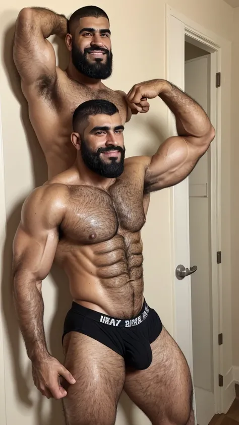 Extremely muscular, very hairy, rugged Arab daddy flexing his arms ((Sweaty)) ((Hairy)) ((Thick, full, curly black body hair all over)) ((Thick, excessive chest hair)) ((Curly, full pubic hair)) ((Thick, full happy trail of hair all over his abs)) ((Late 4...