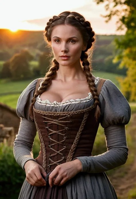 Gorgeous and sultry busty athletic (thin) brunette peasant with sharp facial features wearing a modest updo, medieval hair cover, rough-spun grey and brown medieval peasant dress, long sleeves, wide neck, long dress, tight bodice, corset, Middle Ages, cott...