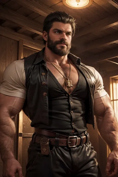 masterpiece, best quality, ultra-detailed, muscular, bearded, thick mustache, imposing man [intense look], intimidating presence...