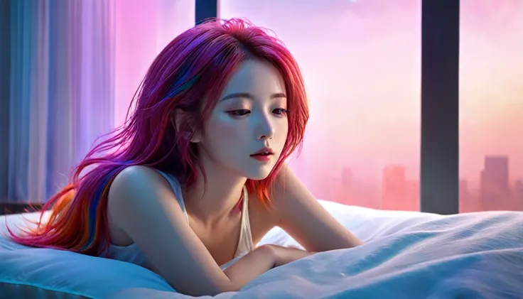 (best quality,8ก,Very detailed:1.2),(CG,CG art,3D rendering),(Masterpiece:1.2),（Crawling on the table），（sexy clotheovie light,of the future),(woman lying in bed,sleep,Close your eyes),(A large window behind her,A quiet night.),(colorful hair:1.5)