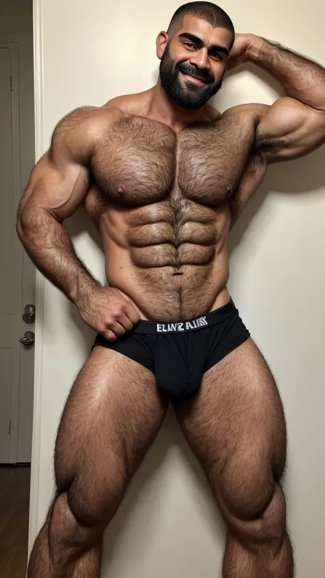 Extremely muscular, very hairy, rugged Arab daddy flexing his arms ((Sweaty)) ((Hairy)) ((Thick, full, curly black body hair all over)) ((Thick, excessive chest hair)) ((Curly, full pubic hair)) ((Thick, full happy trail of hair all over his abs)) ((Late 4...