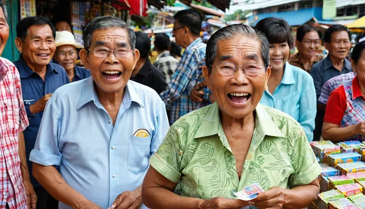 Flea market in Thailand There were people all over the place selling lottery tickets. People are choosing to buy Thai government lottery tickets., , ,, senior adult, very happy face, Thai, summer, middle age adult, very happy face, Thai, spring, adult, ver...