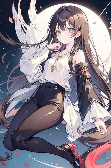 {{masterpiece}}, The best quality of life, 、Dark brown long hair、Anime Girls with brown long hair and white blouse and black pants, Cute girl anime visuals,(White blouse with flared sleeves、Black high waist skinny pants,Black pumps), Anime full body illust...