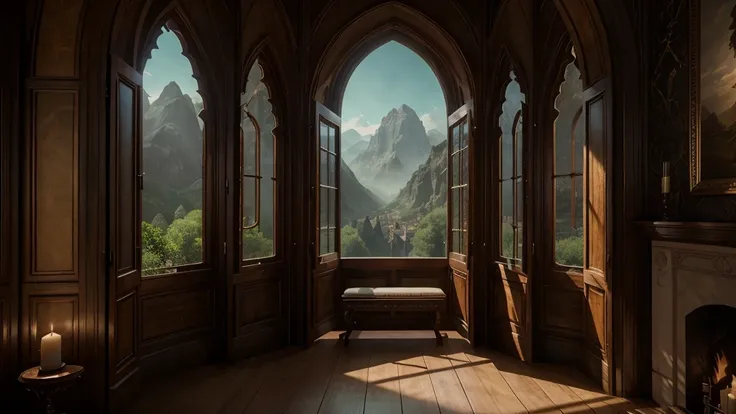 arafed view of a cozy library with a comfortable mossy green cushioned bench adorned with pillows, positioned directly below an intricately arched window that offers a breathtaking view of a tall mountainous and forest landscape. The window is divided into...