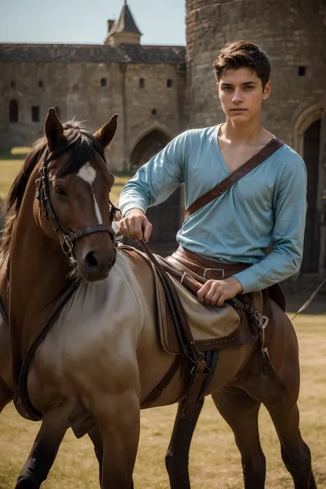 A cute young male twink, 18 years old, with makeup and black hair, wearing a medieval shirt with ties, a v-neck, and long sleeves, the color aquamarine, and white medieval pants. He is on the battlefield, riding on a horse, as if the horse is galloping.  H...