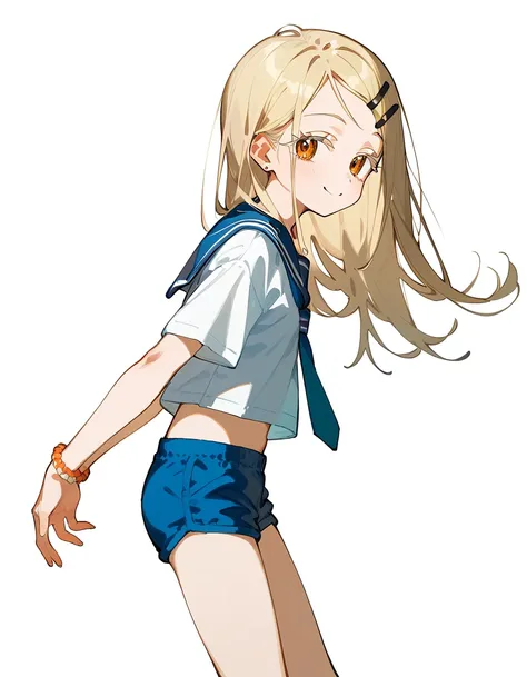 Highest quality, masterpiece, No correction, Beark 1 dhibi girl,shinosawa hiro,thin,Orange eyes,White eyelashes,Blonde,Long Hair,Hair Clip,cros hair clip,flat chest,white background,mini skkirt,smile,blue sailor collar,blue tie,hotpants,from side,