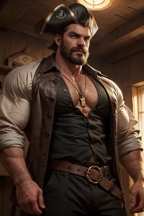 masterpiece, best quality, ultra-detailed, muscular, bearded, thick mustache, imposing man [intense look], intimidating presence...