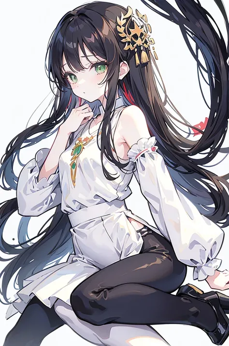 {{masterpiece}}, The best quality of life, 、Dark brown long hair、Anime Girls with brown long hair and white blouse and black pants, Cute girl anime visuals,(White blouse with flared sleeves、Black high waist skinny pants,Black pumps), Anime full body illust...