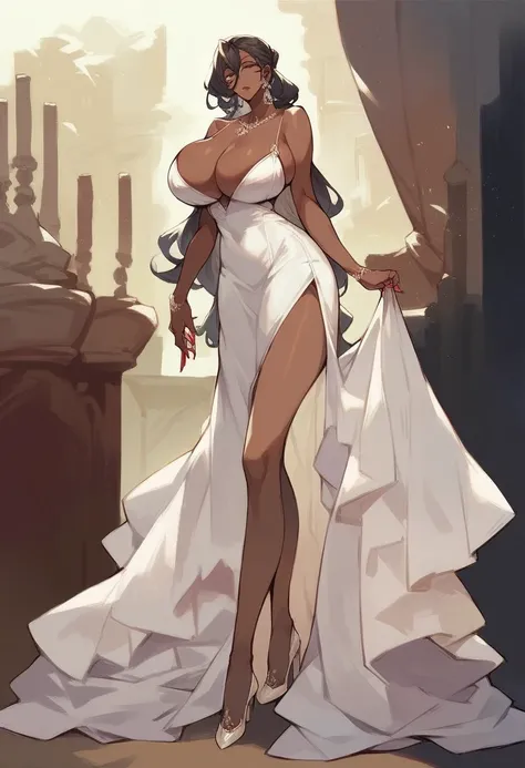 score_9, score_8_up, score_7_up, score_6_up, score_5_up, score_4_up, source_anime, 1girl,dark skin,hair between eyes,mature female,((full body)),elegant dress,tight fit long dress,nail polish,heels,dress,huge breast,long hair