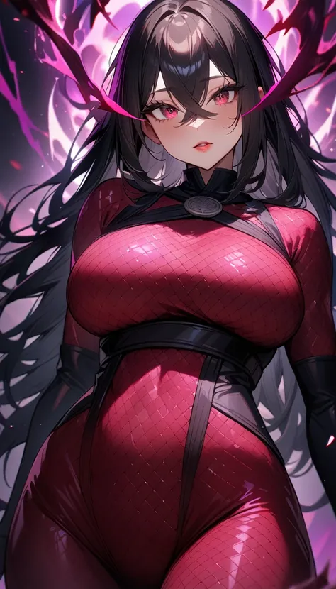 1girl,solo,super detailed skin,shiny skin,natural face,black hair,long hair,crossed bangs,deep detailed eyes,eyelashes,lips gloss ,large breasts,body suit,Shinobi clothes,fishnet,standing ,simple background ,under view ,dark magic,masterpiece,best quality,...