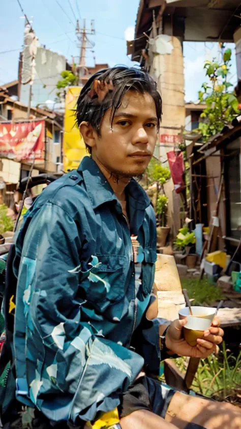 handsome man, sitting ON A STOCK IN A RICE HOT, HOLDING A CUP OF COFFEE WHILE SMOKING, A VIEW OF GREEN FIELDS AND PICE, IT WAS RAINING.