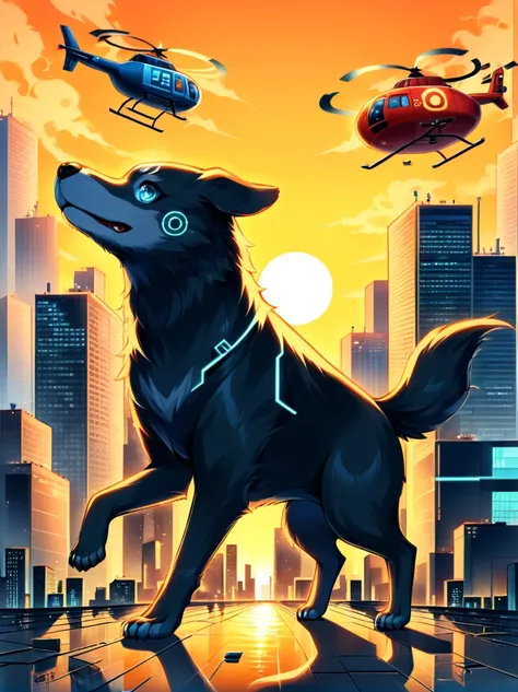 Imagine a dog with an angry and mischievous expression. This canine is at the helm of a futuristic, non-violent, brightly colored toy helicopter, skillfully maneuvering over a compact, yet towering cityscape of unpopulated skyscrapers. Despite the look on ...