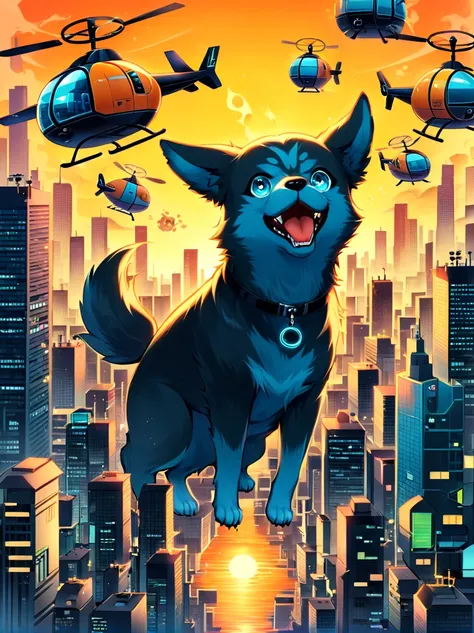 imagine a dog with an angry and mischievous expression. this canine is at the helm of a futuristic, non-violent, brightly colore...