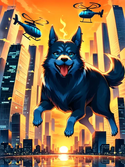 imagine a dog with an angry and mischievous expression. this canine is at the helm of a futuristic, non-violent, brightly colore...