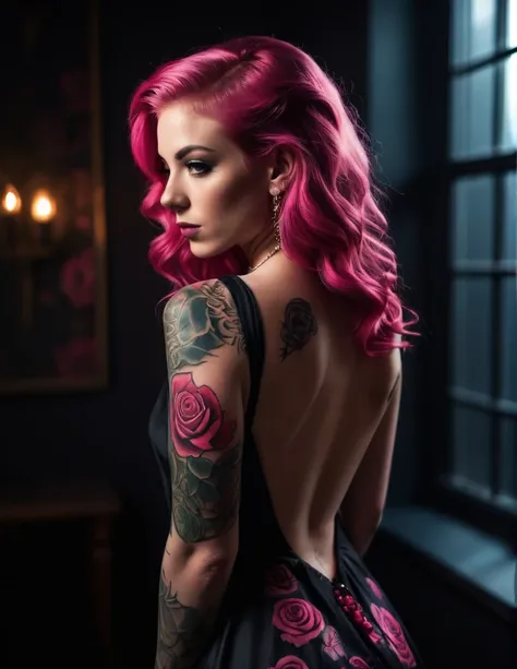 Very attractive 25 year old caucasian female with long wavy bright pink hair, a girl in a dark room, detailed rose tattoo on her back, backless dress, closeup, dramatic lighting, moody atmosphere, cinematic composition, muted colors