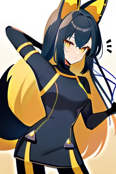 Fox girl ears and tail black costume, orange, blue and yellow Heroine style Full HD