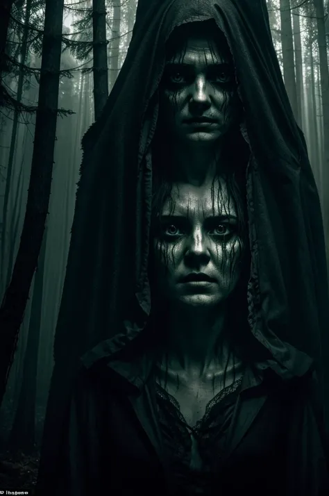 Forest of Fear: A dense, dark forest with trees casting long, ominous shadows. A female ghost with a terrifyingly realistic face, hollow eyes, and tattered clothes stands amidst the trees, gradually shrinking in the misty background, giving a sense of impe...