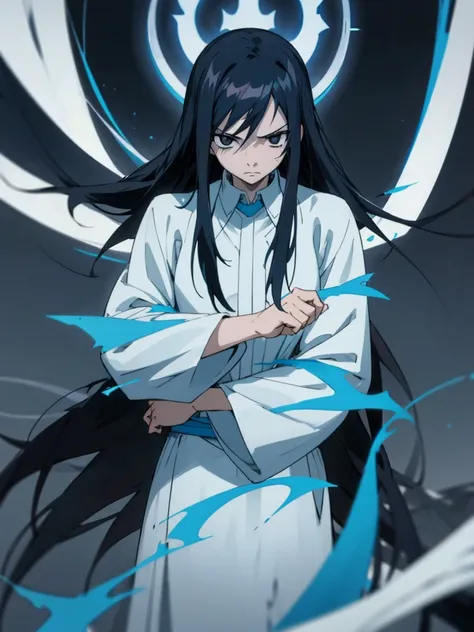 The image features an anime character with long black hair highlighted in blue. The characters have serious and calm expressions. They had large, clear black eyes and dark circles under them. They wore white robes over black high-collared shirts. The backg...