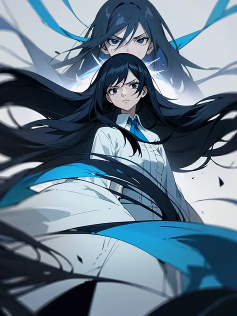 The image features an anime character with long black hair highlighted in blue. The characters have serious and calm expressions. They had large, clear black eyes and dark circles under them. They wore white robes over black high-collared shirts. The backg...