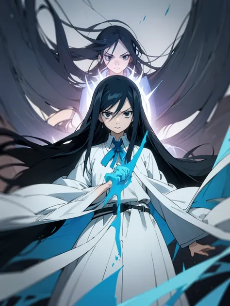 The image features an anime character with long black hair highlighted in blue. The characters have serious and calm expressions. They had large, clear black eyes and dark circles under them. They wore white robes over black high-collared shirts. The backg...