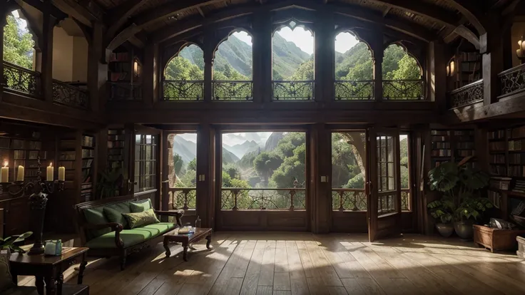 arafed view of a cozy library with a comfortable mossy green cushioned bench adorned with pillows, positioned directly below an intricately arched window that offers a breathtaking view of a tall mountainous and forest landscape. The window is divided into...