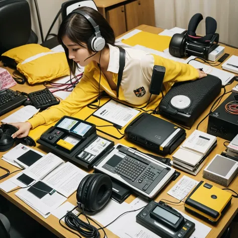 panty,yellow cat,smart phone,headphones,tape recorder,machines,computer,great girl