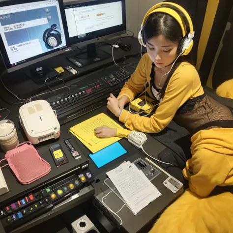 panty,yellow cat,smart phone,headphones,tape recorder,machines,computer,great girl