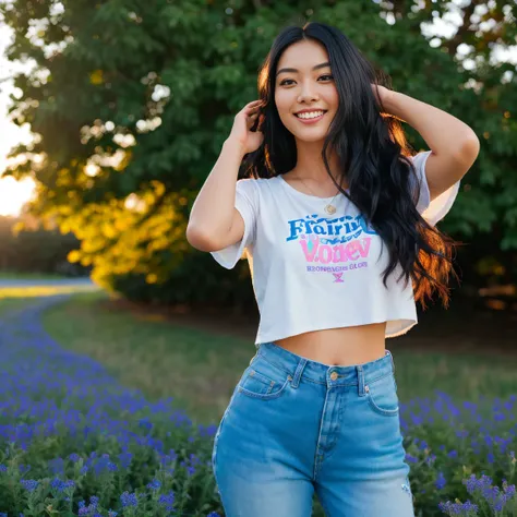 arafed woman with black hair standing in a field of blue flowers, flowing blackv hair, with black hair, photo of a beautiful woman, long flowing black hair, pink golden hour, curly black hair, beautiful young asian woman, beautiful asian woman, wild ginger...