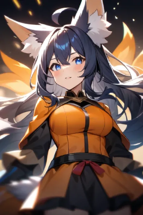 Fox girl ears and tail Black and orange costume with blue details Heroine style Full HD