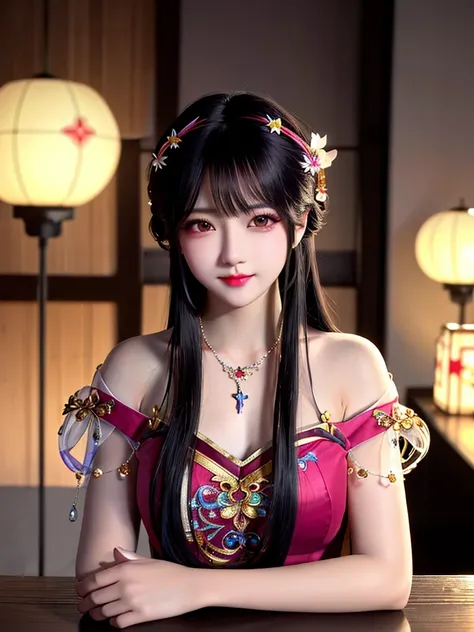 best quality, masterpiece, high resolution, 1 Girl,flirtatious，Seven colored hair，Oily and shiny lips，The transparency of clothes，（Show your shoulders），（chest），detail，（Upper Body）,Star-shaped pupil,china hanfu,Hair accessories,necklace, Jewelry,Pretty Face...