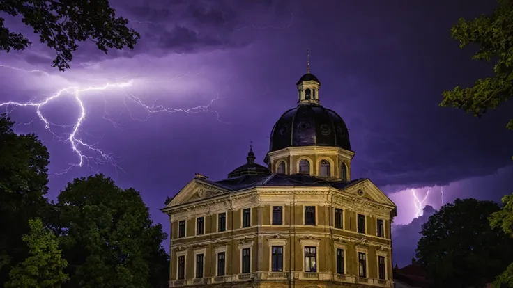 darkest atmosphere, dark purple & black storm clouds during the night, darkness, lightning, façade of a old town hall building with a octagonal cupola dome on top, small town, trees, background