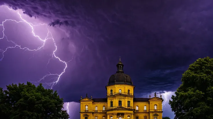 darkest atmosphere, dark purple & black storm clouds during the night, darkness, lightning, façade of a old town hall building with a octagonal cupola dome on top, small town, trees, background