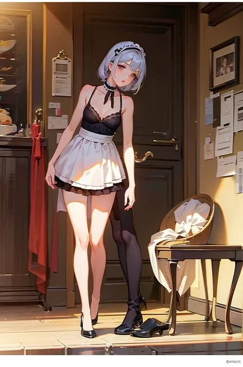 1 girl, name("Lana"), physique (“short” + “medium-sized breasts” + “plump lips” + “plump hips” + “firm ass”), clothes (“maid dress with a short skirt and deep neckline, transparent - black stockings, thongs”), favorite style of clothing (“short dress” + “l...