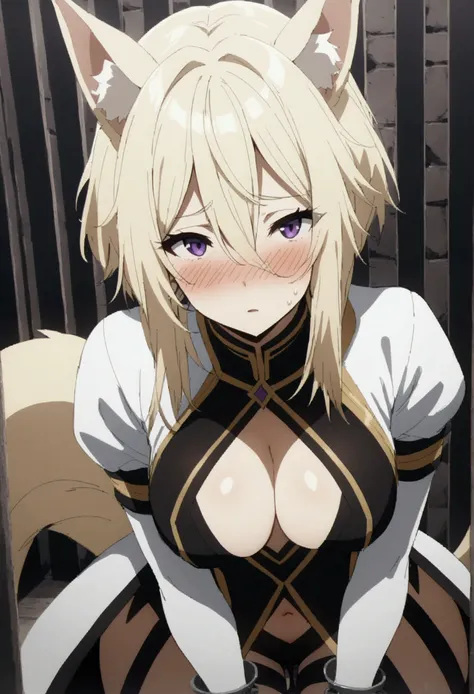 NSFW,masterpiece,Highest quality,High resolution,Very detailed,Zeta(I want to be a secret power！),Zeta,Animal ears、Purple Eyes、Blonde,short hair,gloves、Cleavage、tail、黒いgloves、Clothing cutouts、Cleavageの切り抜き,Handcuffed,Glare,A regretful face,blush,prison,Jai...