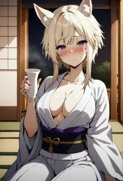 NSFW,masterpiece,Highest quality,High resolution,Very detailed,Zeta(I want to be a secret power！),Zeta,Animal ears、Purple Eyes、Blonde,short hair,Luxurious yukata,Cleavage,blush,Drunk,sake,Luxurious Japanese-style room,inn,tatami,Shoji screen,moonlight