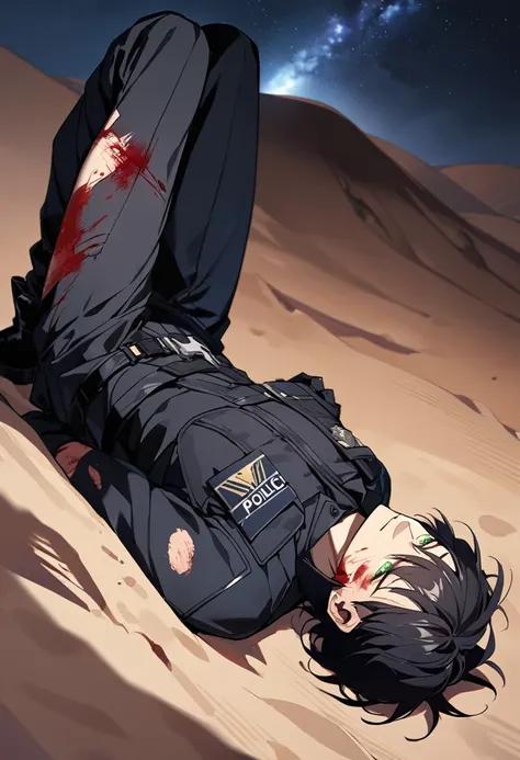 Male black police suit, solo, black hair, green eyes, short hair, desert, night, laying on the sand, blood on body, wounds, muscular 