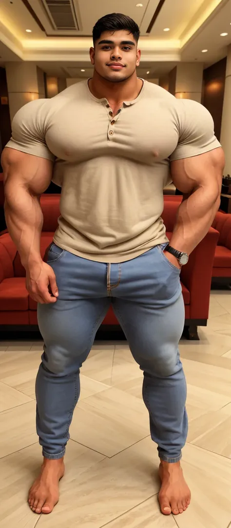 One man and one woman in a hotel lobby. Man is 20 year old highschool freshman, Tanned skin baby faced indian very young muscular male, very tall, 2.30 meters tall, 20 year old overweight  bodybuilder, school freshman in loose linen pants and loosev neck h...