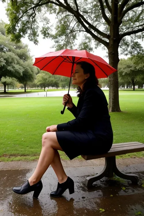 A beautiful woman, 50 years old, is hiding from the rain in a town park.. Under an umbrella or under a tree.
