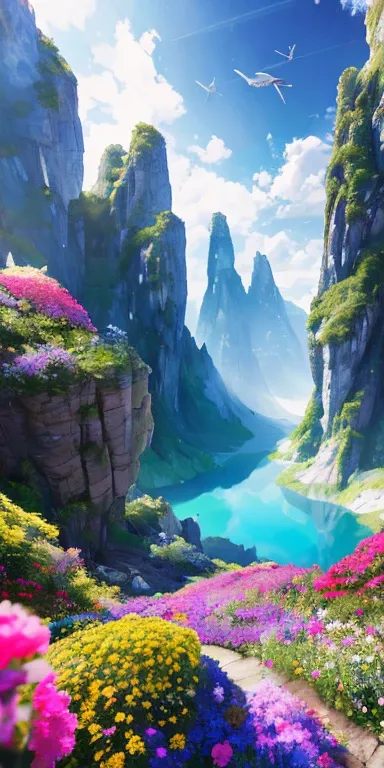 masterpiece, best quality, high quality, Extremely detailed CG unity 8k wallpaper, landscape, outdoor, sky空, cloud, sky, No humans, Mountain, landscape, water, Tree, blue sky空, waterfall, cliff, nature, lake, river, cloudy sky空,Award-winning photography, B...