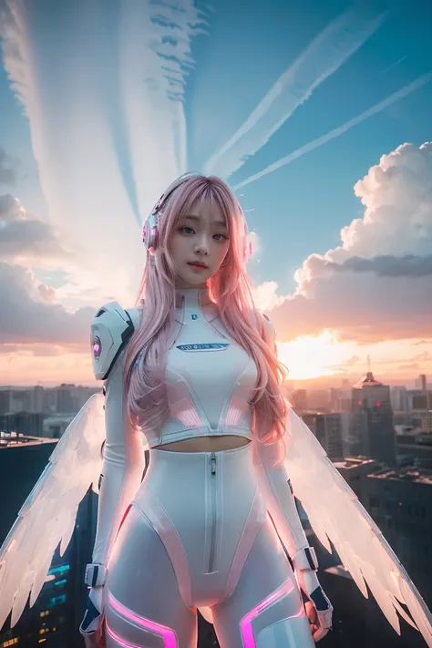 ((masterpiece, best quality, extremely detailed), volumetric lighting, ambient occlusion, colorful, glowing), 
1girl, solo, young girl, (pink hair), long hair, halo, aura, sacred, godness, cyber suit, (white outfit:1.3), android, bot, angel wings,
outdoors...