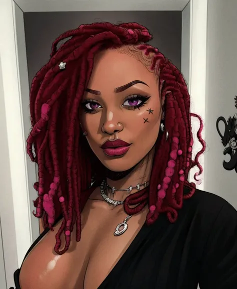 (masterpiece:1.2), (best quality), (ultra detailed), (8k, 4k, intricate),(full-body-shot:1), (highly detailed:1.2),(detailed face:1.2), (detailed background),there is a young woman with black and magenta dreadlocks and piercings posing for a picture, with ...